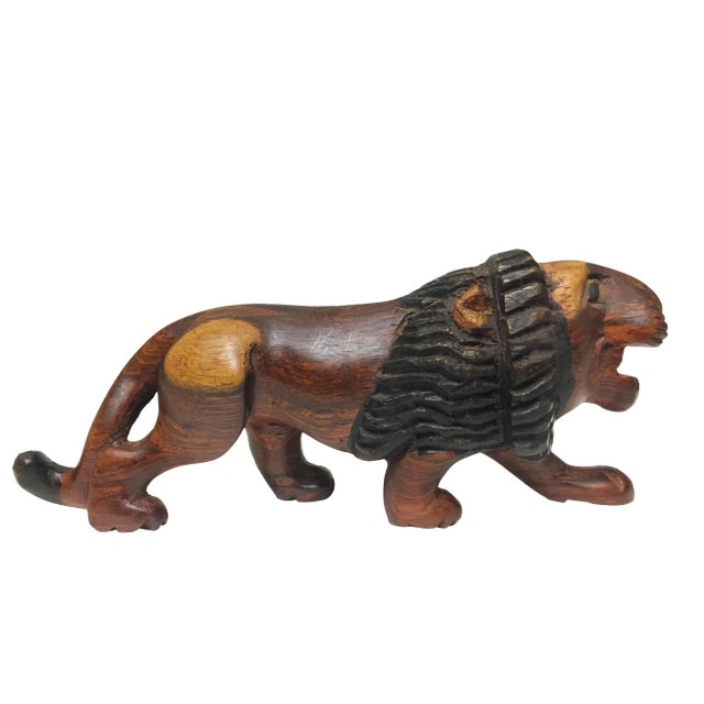 Vintage Hand Carved Wood Lion Statue Wild Cat Animal Wood Sculpture For Sale