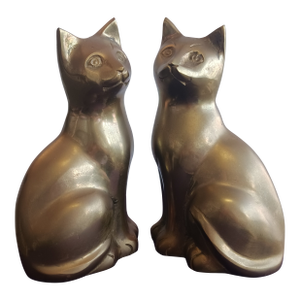 Vintage Hollywood Regency Solid Brass Cat Bookends - Heavy Mid-Century Modern Sculptural Statues, Pair