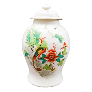 Mid 20th Century Chinese Porcelain Famille Rose Peacock Large Lidded Ginger Jar