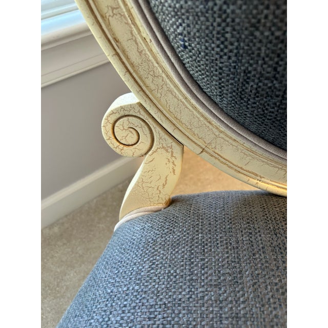 Oversized French Louis XVI Style Distressed Off-White & Slate Blue Upholstered Armchair For Sale In Raleigh - Image 6 of 12
