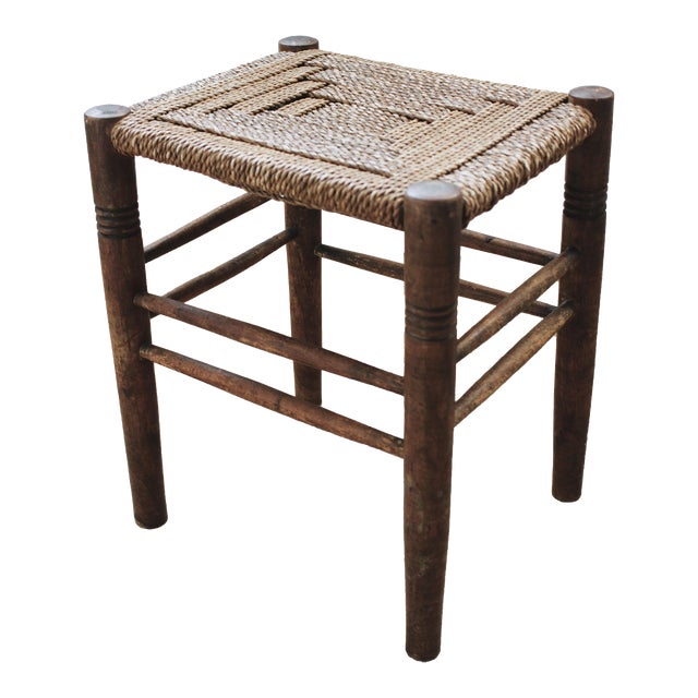 Early 20th Century Carved FootStool Woven Seat Primitive/Folk For Sale