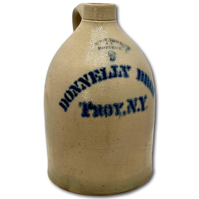 Antique American Blue Decorated 2 Gallon Stoneware Advertising Jug by West Troy Pottery Co. New York Circa 1880s For Sale - Image 4 of 18
