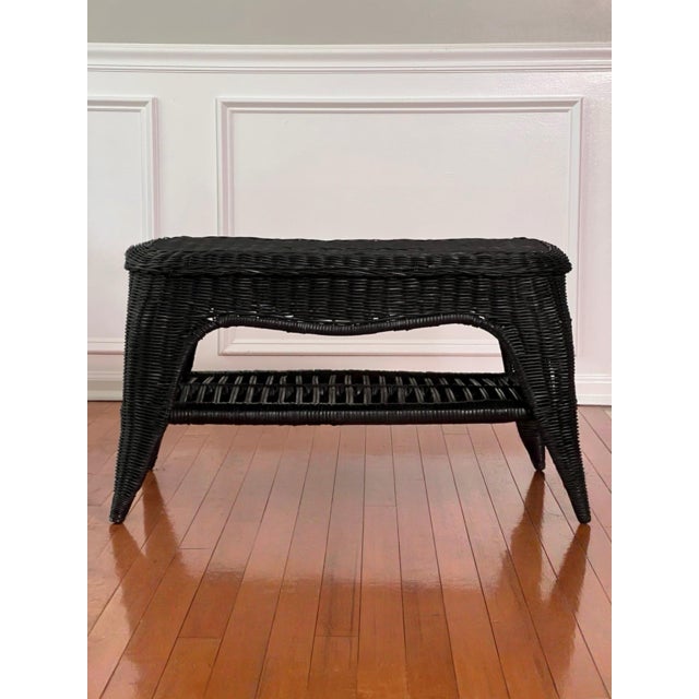 French Small Wicker Woven Coffee Table in Black With Lower Rattan Shelf, C. 1970 For Sale - Image 9 of 16