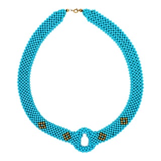 Teal Blue Turquoise Round Fancy Beads Unique Choker 14k Gold Statement Necklace For Sale