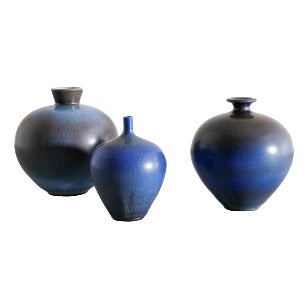 Swedish Mid Century Decorative Blue-Brown Vases by Berndt Friberg for Gustavsberg Sweden, 1970s, Set of 3 For Sale