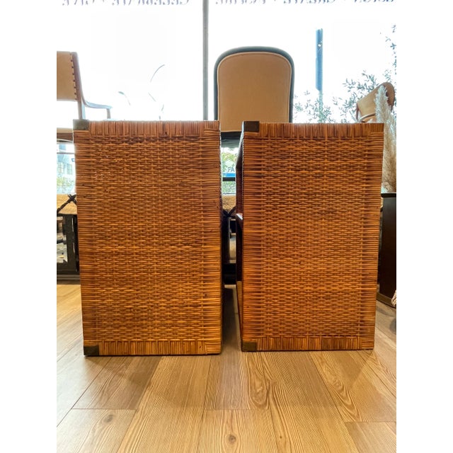 Brown Vintage Rattan Nightstands/Shelving With Brass Corners - a Pair For Sale - Image 8 of 12