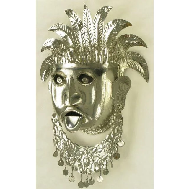 Stamped & Polished Metal Tribal Mask Wall Hanging For Sale In Chicago - Image 6 of 9