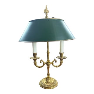Vintage French Empire Style Brass Bouillotte Table Lamp With Green Tole Shade For Sale