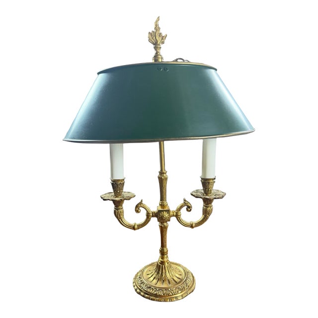 Vintage French Empire Style Brass Bouillotte Table Lamp With Green Tole Shade For Sale