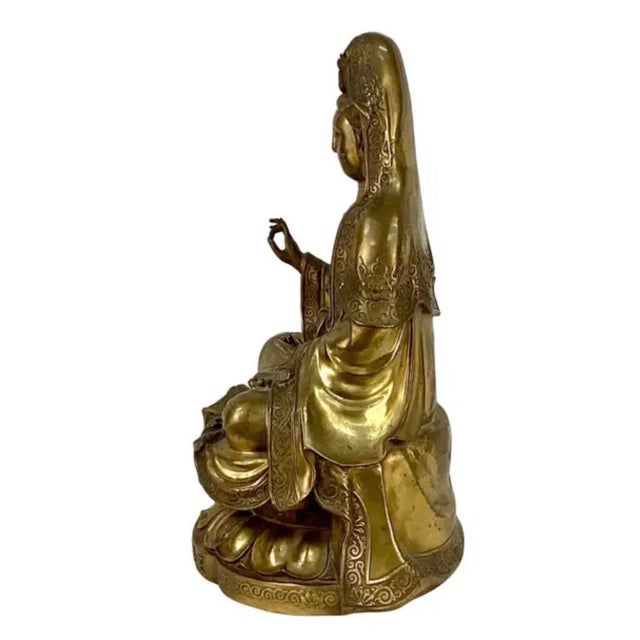 Chinese Gilt Guan Yin Buddha Bronze Sculpture For Sale - Image 4 of 11