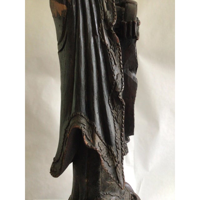 Chocolate 1920s Carved Wood Guanyin Statue For Sale - Image 8 of 12