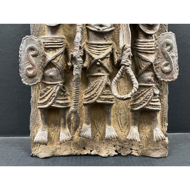 Late 20th Century Vintage African Tribal Art Benin Bronze Wall Plaque Sculpture For Sale - Image 5 of 10