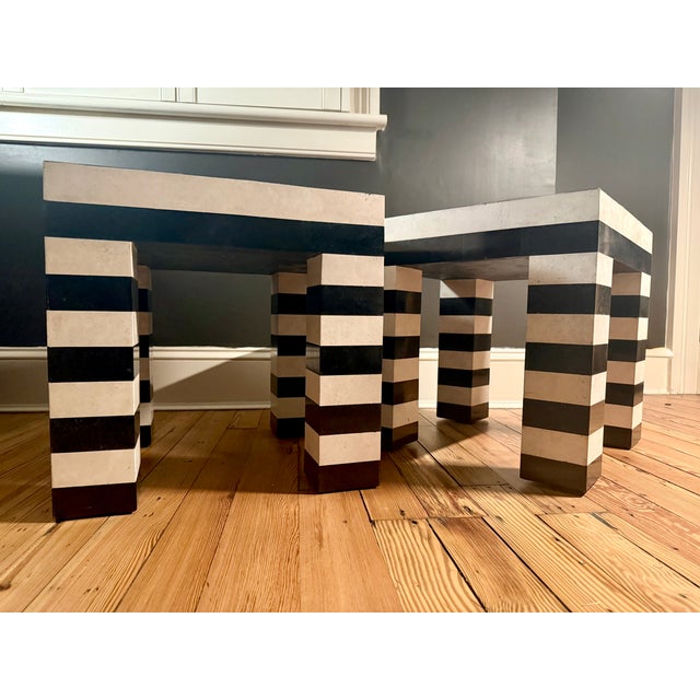 Postmodern Black & White Stripe Tessellated Marble Accent Tables For Sale - Image 9 of 9