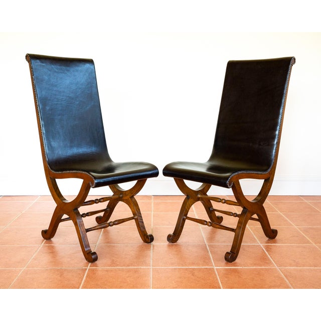 Mid-Century Neo-Classical Spanish Black Leather and Oak Dining Chairs by Pierre Lottier for Valmazan, 1960s, Set of 4 For Sale - Image 12 of 18