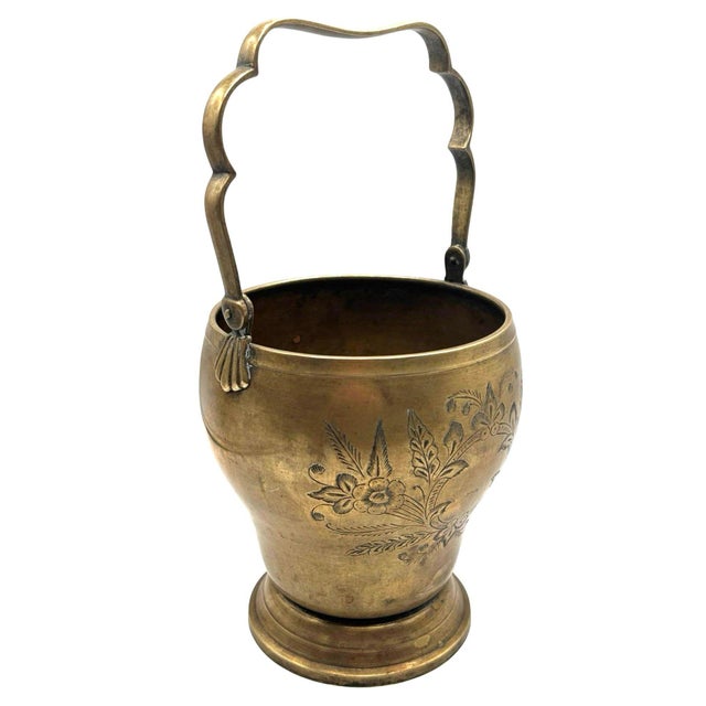 Brass 1900s Late Victorian Hand Etched Floral Brass Ice Bucket W/ Whimsical Handle For Sale - Image 8 of 12