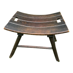MCM Arts & Crafts Solid Oak Wood Bench Stool Curved Seat Rustic