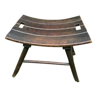 Mid-Century Arts & Crafts Solid Oak Wood Bench Stool Curved Seat Rustic For Sale