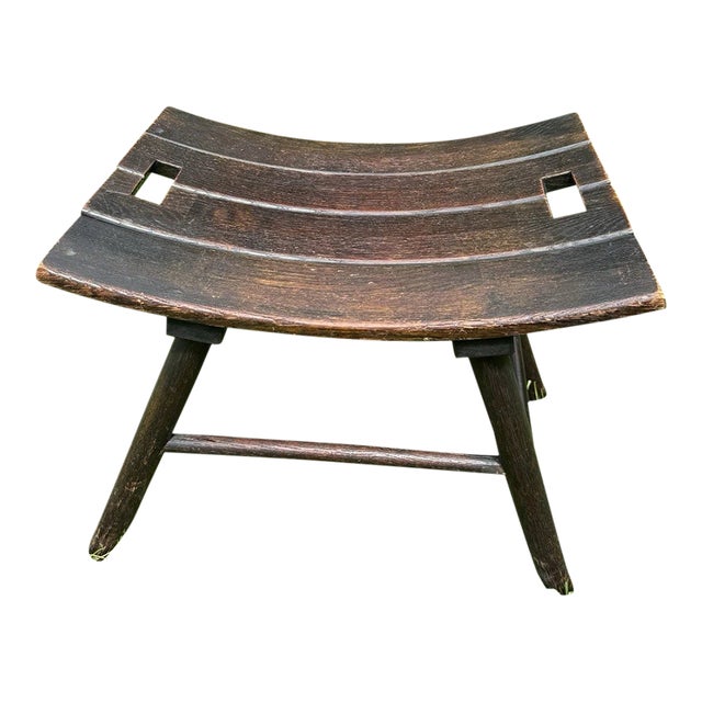 Mid-Century Arts & Crafts Solid Oak Wood Bench Stool Curved Seat Rustic For Sale
