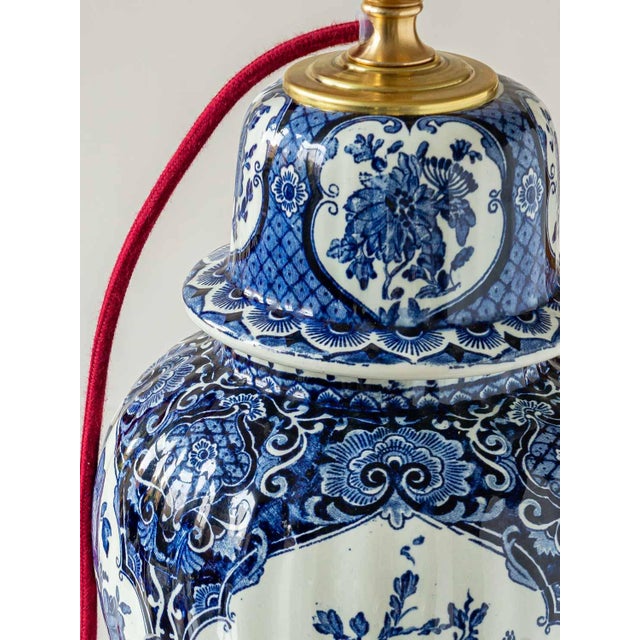 Boch Frères Large Delft Blue Table Lamps, New Red Velvet Shades, Set of 2 For Sale - Image 3 of 13