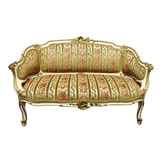 Vintage French Louis XV Country Low Profile Gold & Red Stripped Velvet Settee For Sale