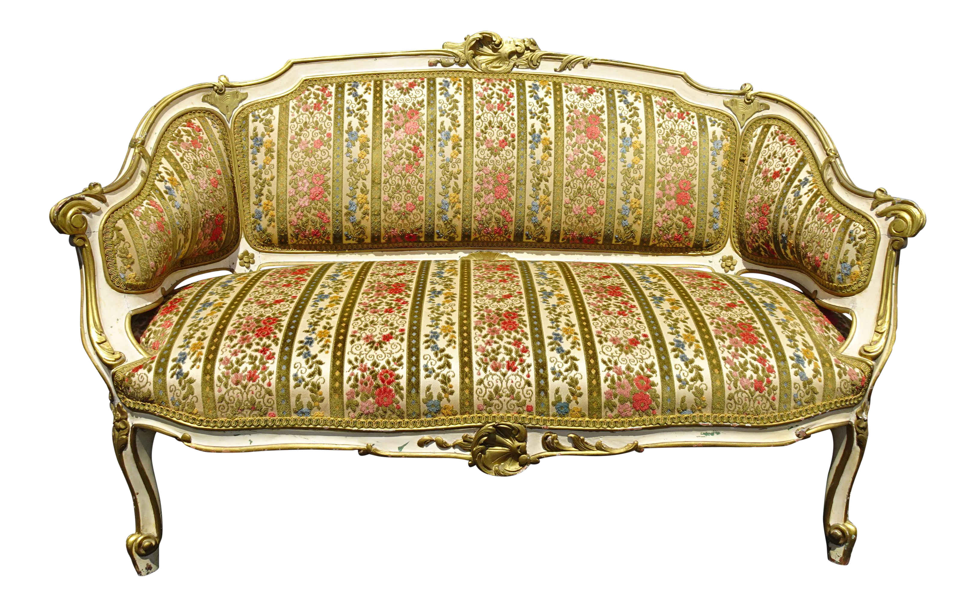 Vintage French Louis XV Country Low Profile Gold & Red Stripped Velvet Settee - image 0