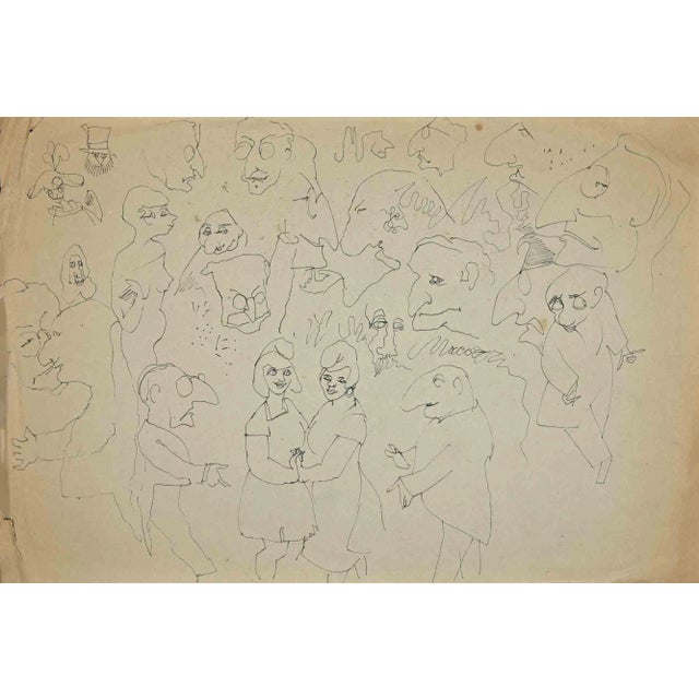 Mino Maccari, The Dancing Folk, Original Drawing, Mid-20th-Century For Sale