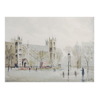 Mid 20th Century English Cityscape Cathedral Watercolor Painting For Sale