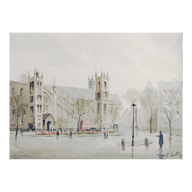 Mid 20th Century English Cityscape Cathedral Watercolor Painting For Sale