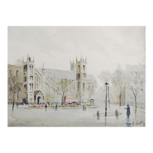 Mid 20th Century English Cityscape Cathedral Watercolor Painting