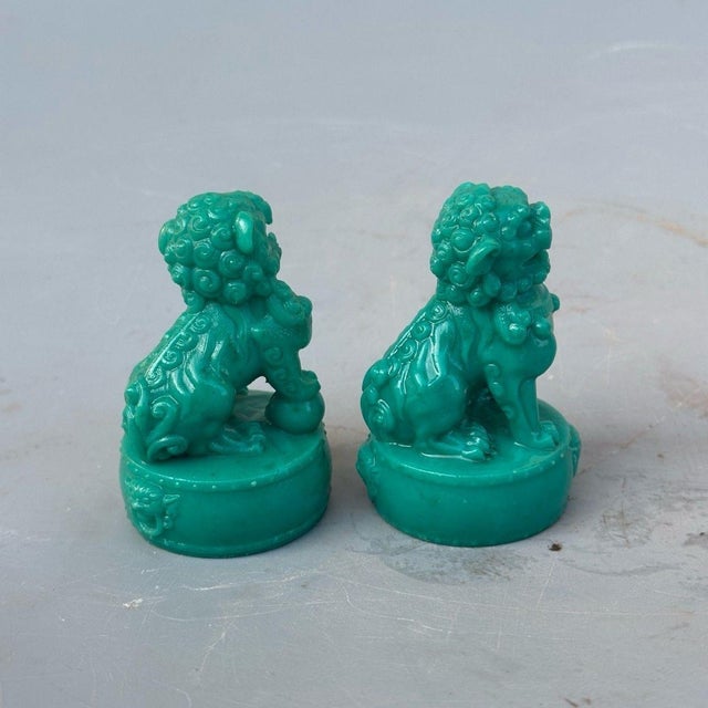 Turquoise Green Foo Dogs - Pair of Mini Guardian Lion Statues For Sale - Image 4 of 8