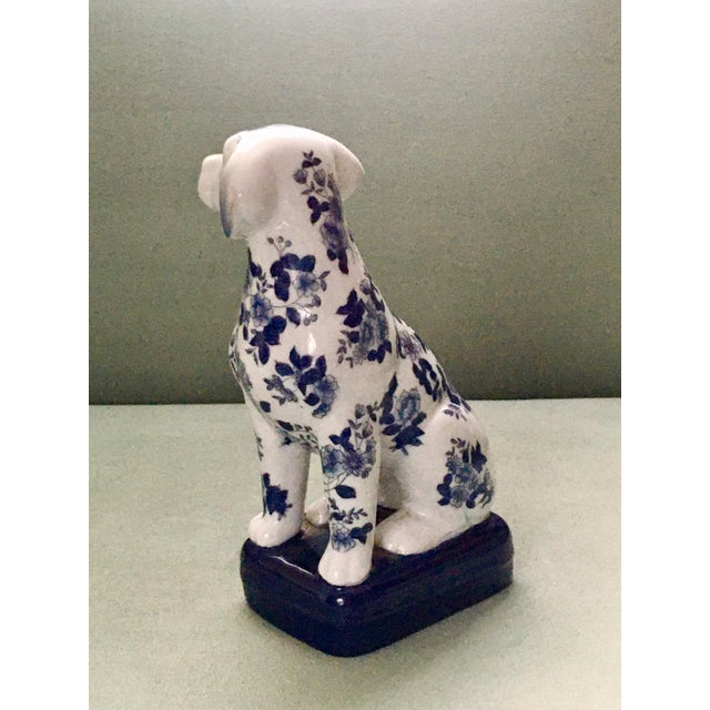 English Vintage Mid 20th Century Blue & White Floral China Dog For Sale - Image 3 of 9