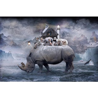 Shelter - Spirit of the Rhino by Marcin Owczarek | Photography of a rhino with animals on its back For Sale