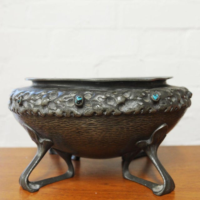 Decorative Arts & Crafts Stamped Liberty & Co Textured Pewter Bowl with Inlaid Enamel, 1900s This piece is attributed to...