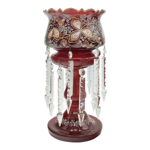 1900s Victorian Antique English Cranberry Lustre, Crystal, Decorative, Candle Lamp