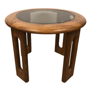 Vintage Lou Hodges-Style Round Solid Oak Side Table With Beveled Smoked Glass, 1980s