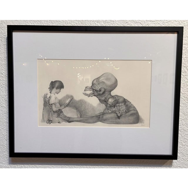 Figurative Storytime by Allen Williams | Graphite on Strathmore Medium weight drawing paper of a girl reading to a creature For Sale - Image 3 of 3