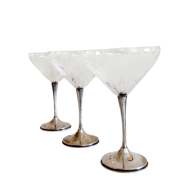 Art Deco Sterling Silver and Cut Cristal Handmade Champaign Glasses, Spain, 1940s, Set of 3 For Sale - Image 9 of 18