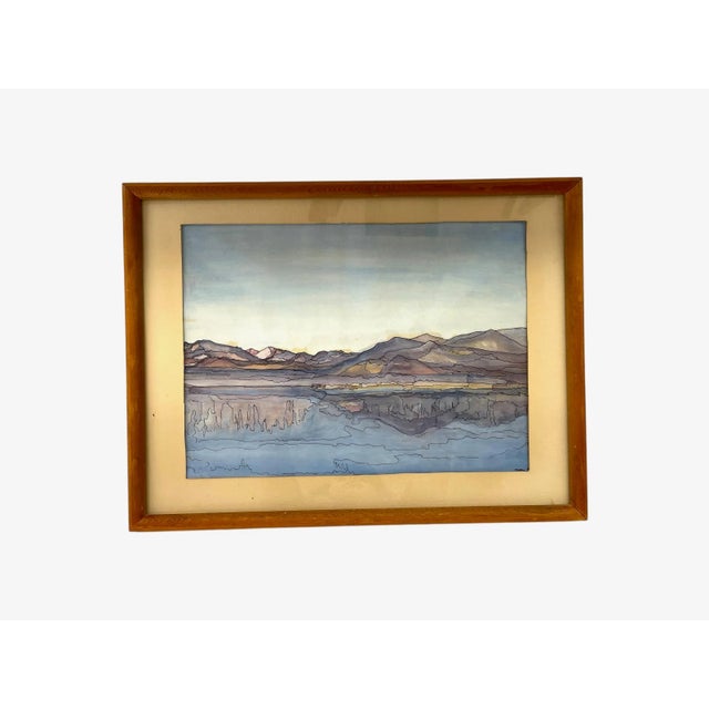Mid-Century Modern Possibly Original Mid-Century Modern Watercolor Landscape Painting Signed Mary,1969 For Sale - Image 3 of 10