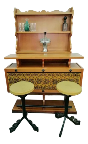 Rustic Bar Cabinet with Stools, 1960s, Set of 3