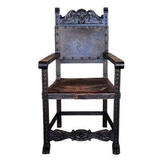 19th Spanish Carved Walnut Armchair with New Black Leather and Solomonic Columns For Sale