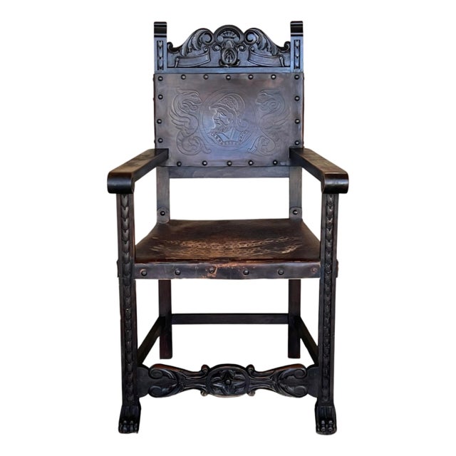 19th Spanish Carved Walnut Armchair with New Black Leather and Solomonic Columns For Sale