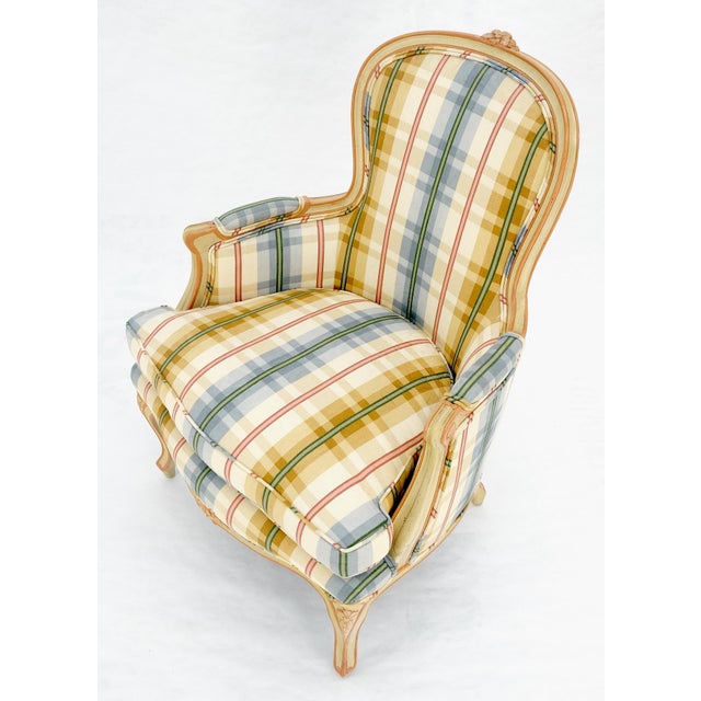 Funky Upholstery Painted & Carved Frame French Ballon Back Arm Lounge Chair MINT For Sale - Image 6 of 16