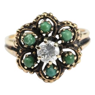 14k Gold Diamond and Turquoise Cocktail Ring Vintage For Sale