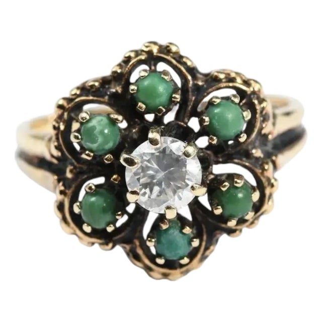 14k Gold Diamond and Turquoise Cocktail Ring Vintage For Sale