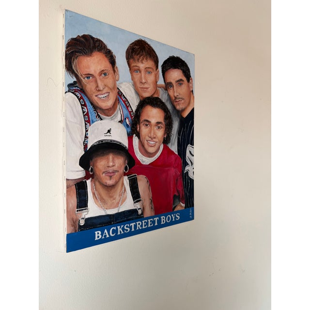 A colorful acrylic on canvas portrait painting by S. McLain depicting the iconic pop group Backstreet Boys. The...