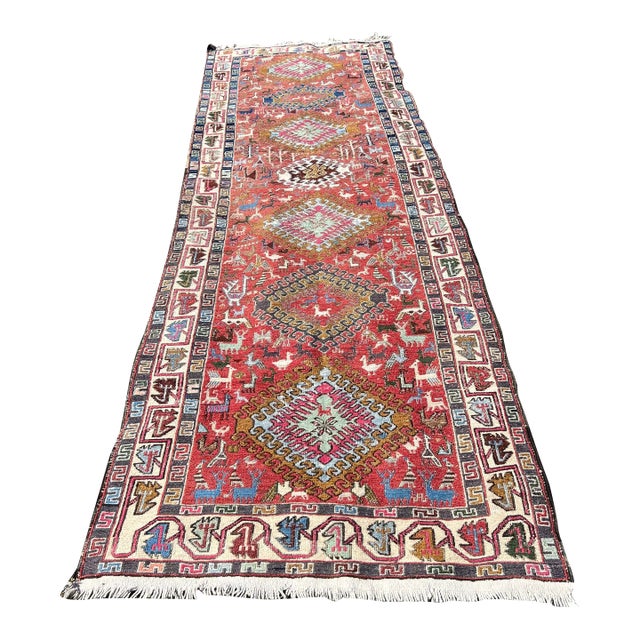 1970s Vintage Animal Figure Pattern Embroidered Soumak Runner Rug For Sale