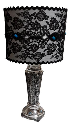 Antique Table Lamp with Silver-Plated Filigree Metal Frame and Turquoise Inserts, 1890s