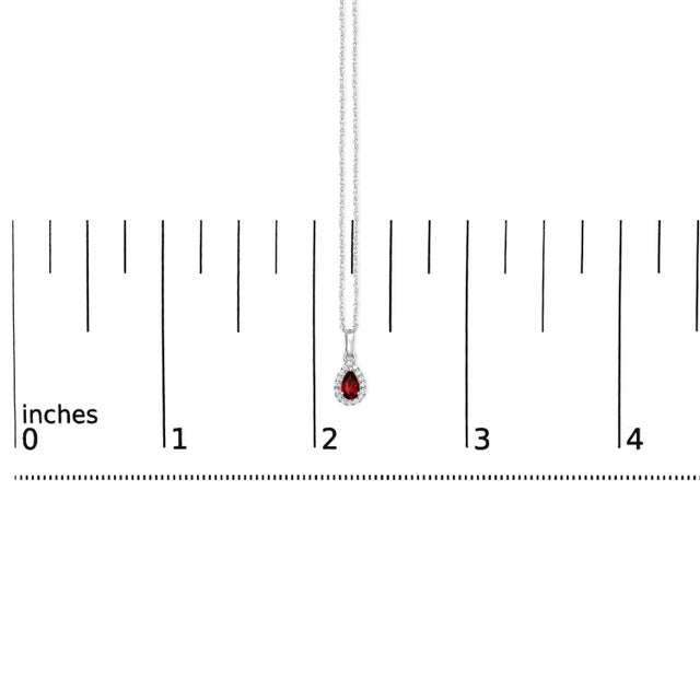 Early 21st Century 10K White Gold 5x3mm Red Garnet and Diamond Accent Halo Pear Shape 18" Pendant Necklace (I-J Color, I1-I2 Clarity) For Sale - Image 5 of 5