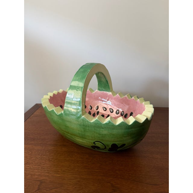 Green Vintage Ceramic Watermelon Basket Serving Bowl With Handle | Hand-Painted Mid-Century Summer Entertaining Fruit Basket For Sale - Image 8 of 9