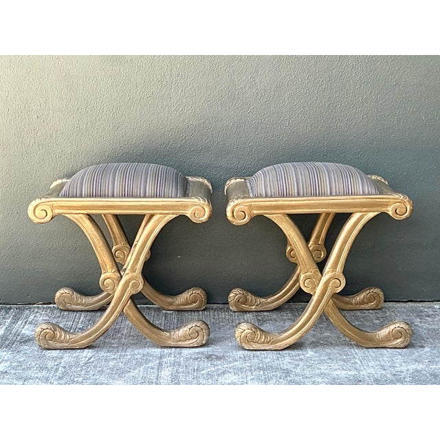 Vintage Gilt Tipped X Benches - A Pair For Sale - Image 4 of 12